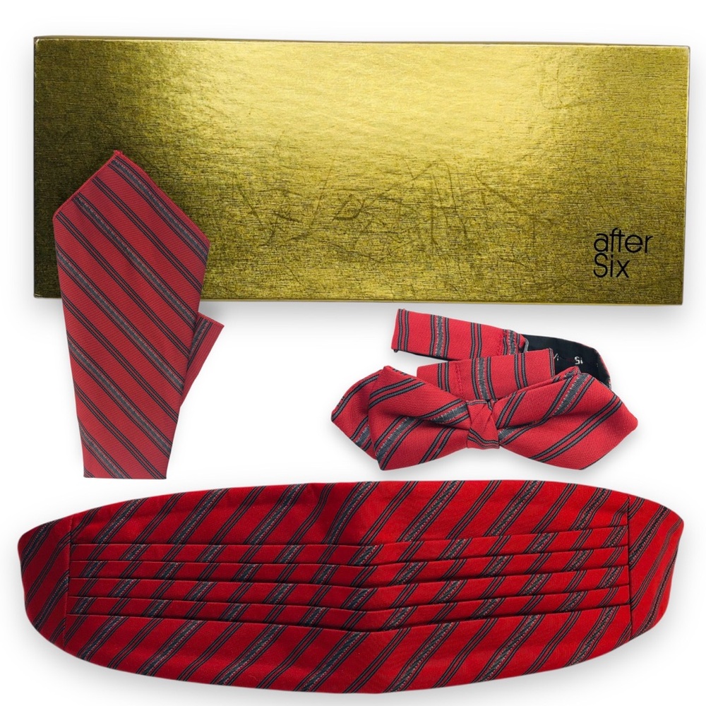 After Six 90s Red Striped Cummerbund Bow Tie Hankie S-M Wedding Business Formal